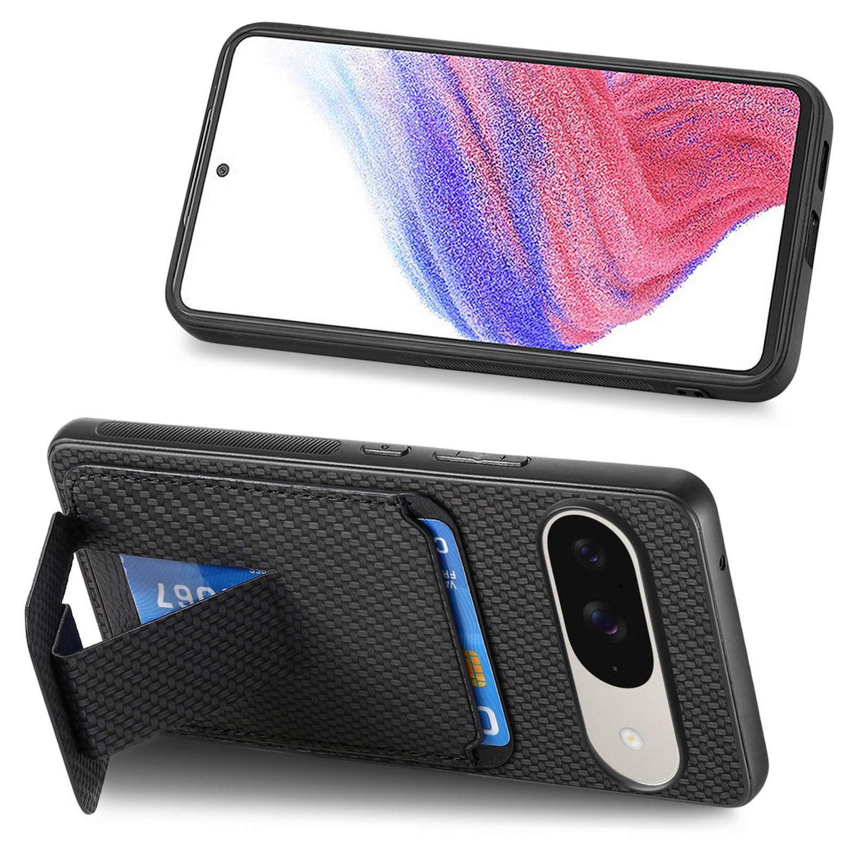 For Google Pixel 11 Pro XL Carbon Fiber Card Bag Fold Stand Phone Case - Black - SYA002485516B
