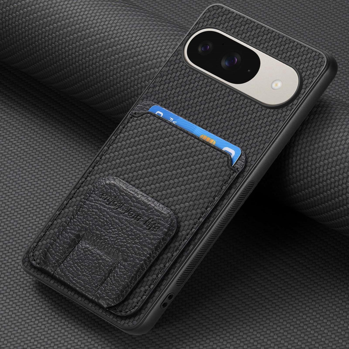 For Google Pixel 11 Pro XL Carbon Fiber Card Bag Fold Stand Phone Case - Black - SYA002485516B