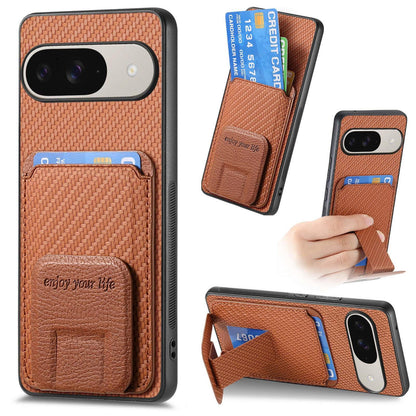 For Google Pixel 11 Pro XL Carbon Fiber Card Bag Fold Stand Phone Case - Brown - SYA002485516C