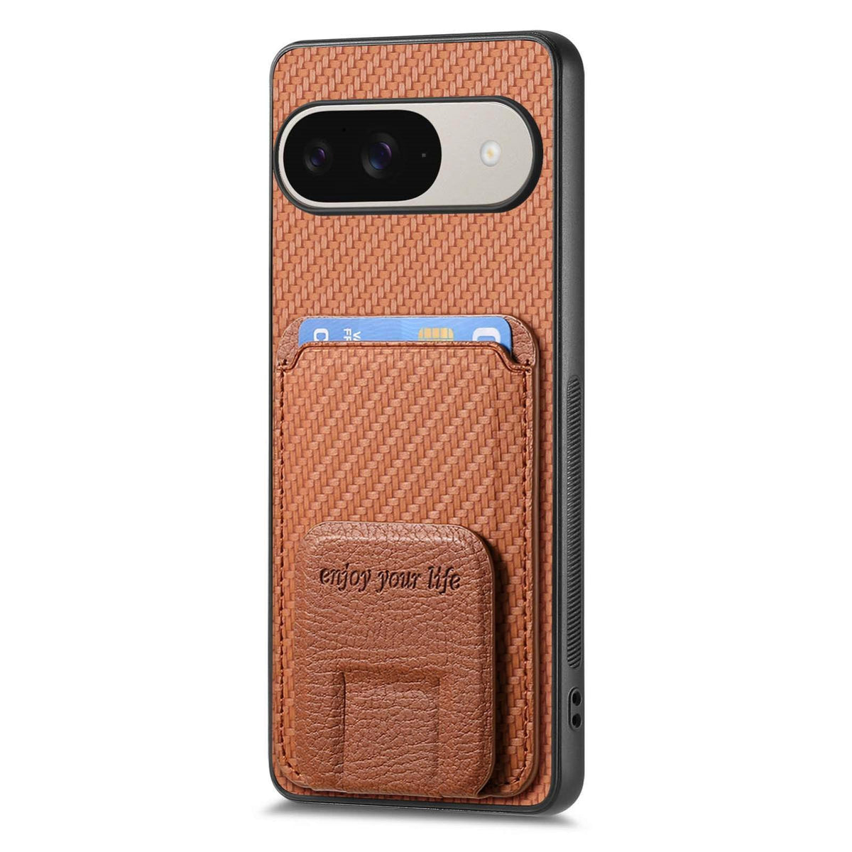 For Google Pixel 11 Pro XL Carbon Fiber Card Bag Fold Stand Phone Case - Brown - SYA002485516C