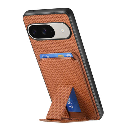 For Google Pixel 11 Pro XL Carbon Fiber Card Bag Fold Stand Phone Case - Brown - SYA002485516C