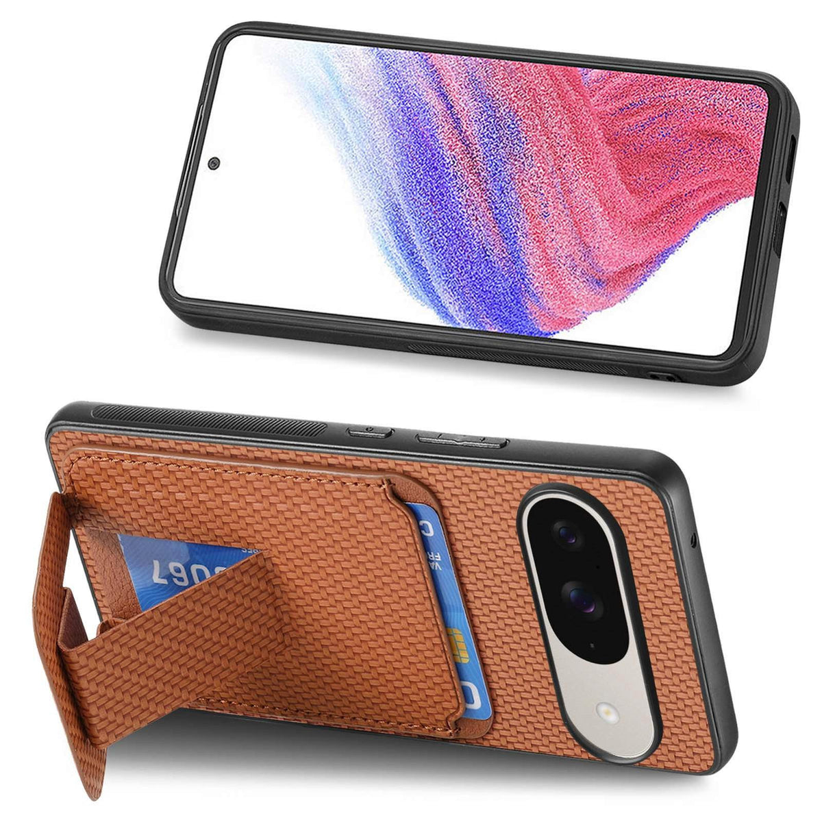 For Google Pixel 11 Pro XL Carbon Fiber Card Bag Fold Stand Phone Case - Brown - SYA002485516C