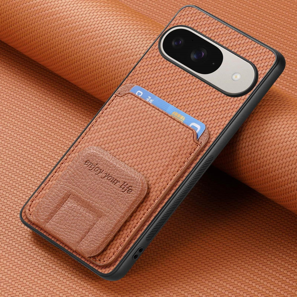 For Google Pixel 11 Pro XL Carbon Fiber Card Bag Fold Stand Phone Case - Brown - SYA002485516C