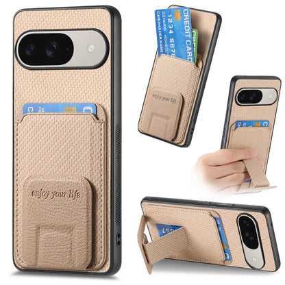 For Google Pixel 11 Pro XL Carbon Fiber Card Bag Fold Stand Phone Case - Khaki - SYA002485516D