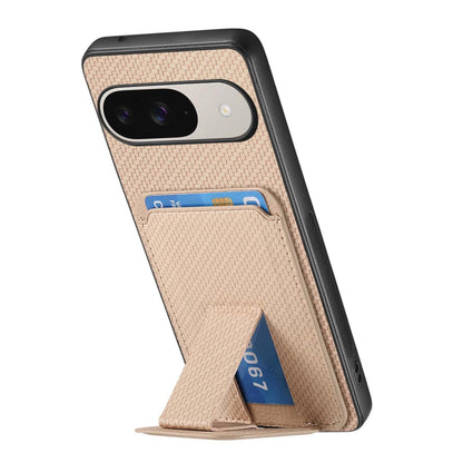 For Google Pixel 11 Pro XL Carbon Fiber Card Bag Fold Stand Phone Case - Khaki - SYA002485516D