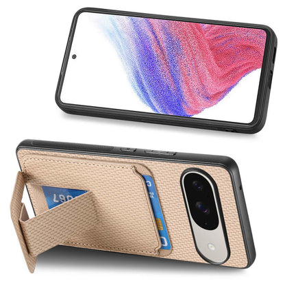 For Google Pixel 11 Pro XL Carbon Fiber Card Bag Fold Stand Phone Case - Khaki - SYA002485516D