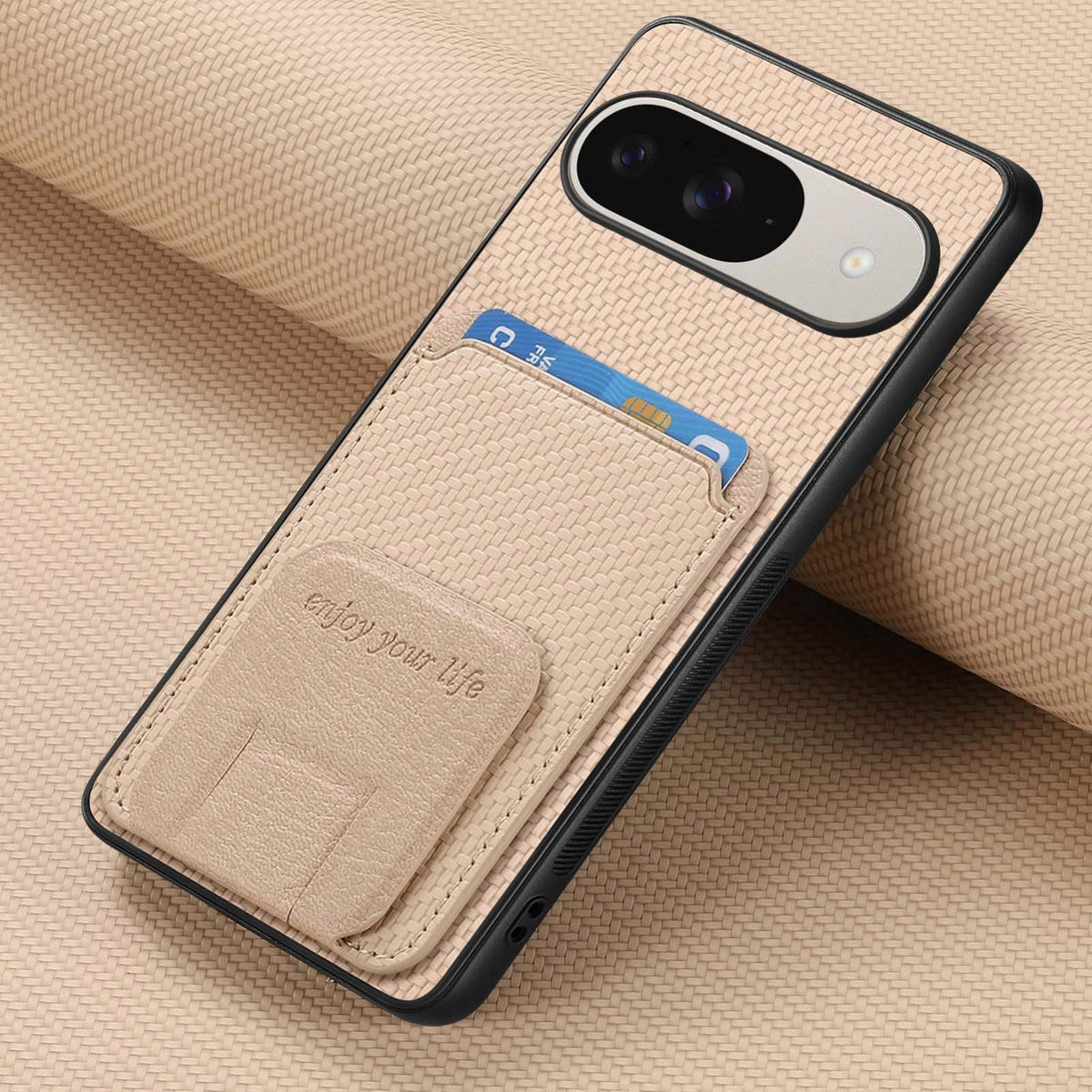 For Google Pixel 11 Pro XL Carbon Fiber Card Bag Fold Stand Phone Case - Khaki - SYA002485516D