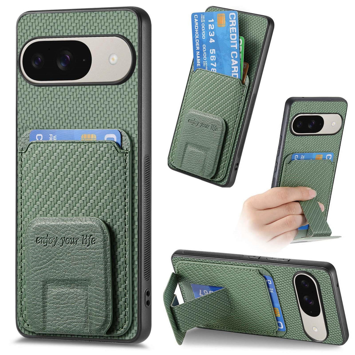 For Google Pixel 11 Pro XL Carbon Fiber Card Bag Fold Stand Phone Case - Green - SYA002485516E