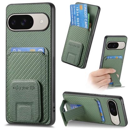 For Google Pixel 11 Pro XL Carbon Fiber Card Bag Fold Stand Phone Case - Green - SYA002485516E