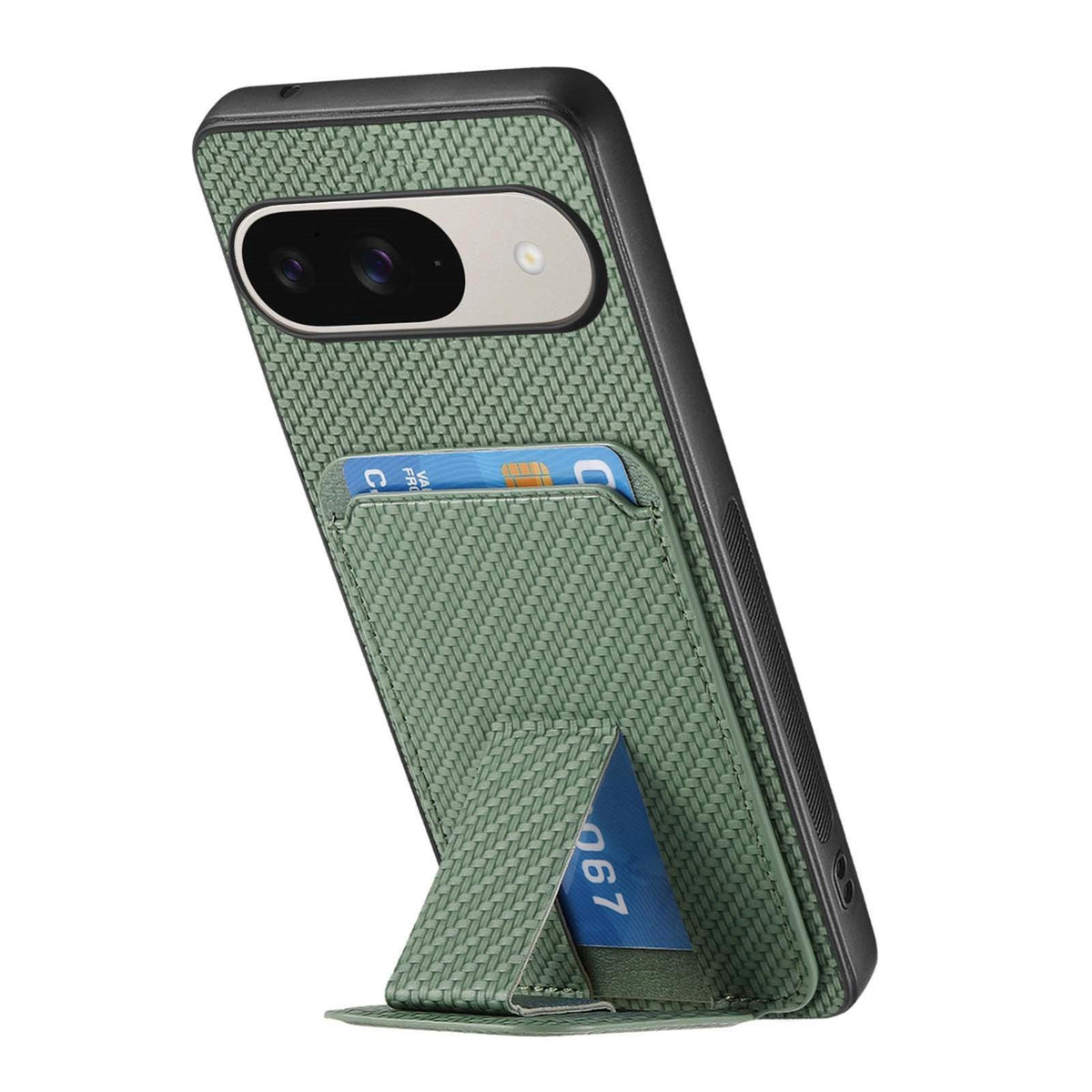 For Google Pixel 11 Pro XL Carbon Fiber Card Bag Fold Stand Phone Case - Green - SYA002485516E