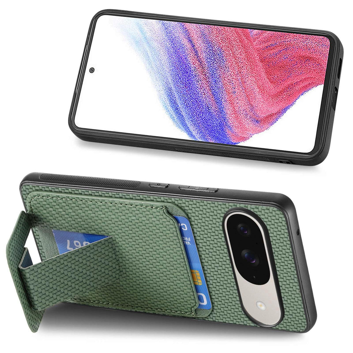 For Google Pixel 11 Pro XL Carbon Fiber Card Bag Fold Stand Phone Case - Green - SYA002485516E
