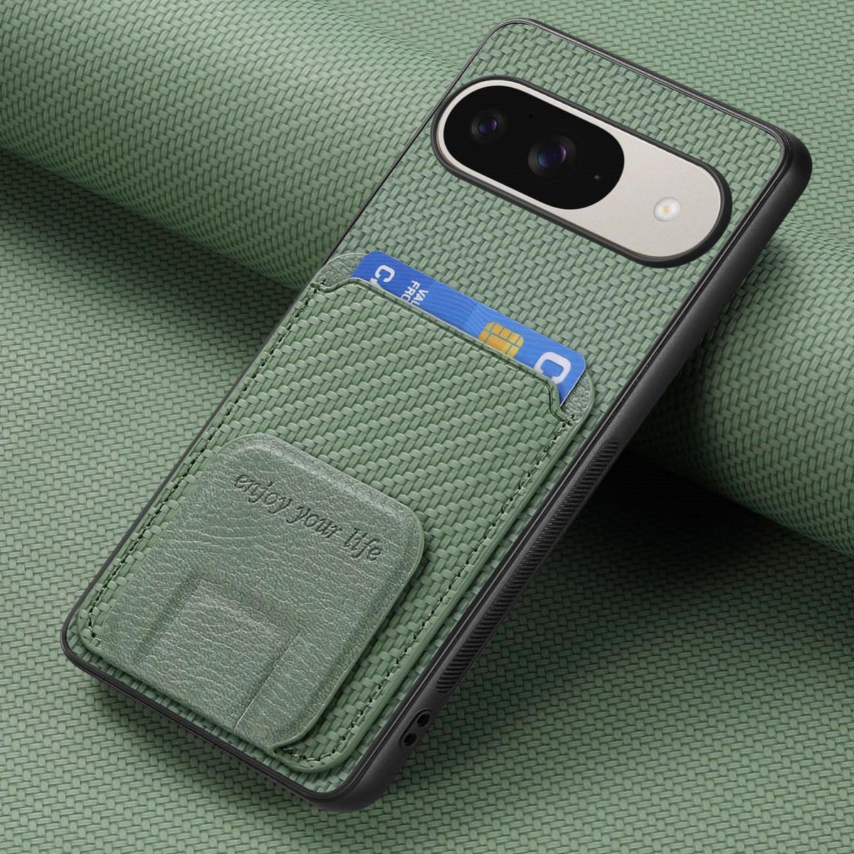 For Google Pixel 11 Pro XL Carbon Fiber Card Bag Fold Stand Phone Case - Green - SYA002485516E