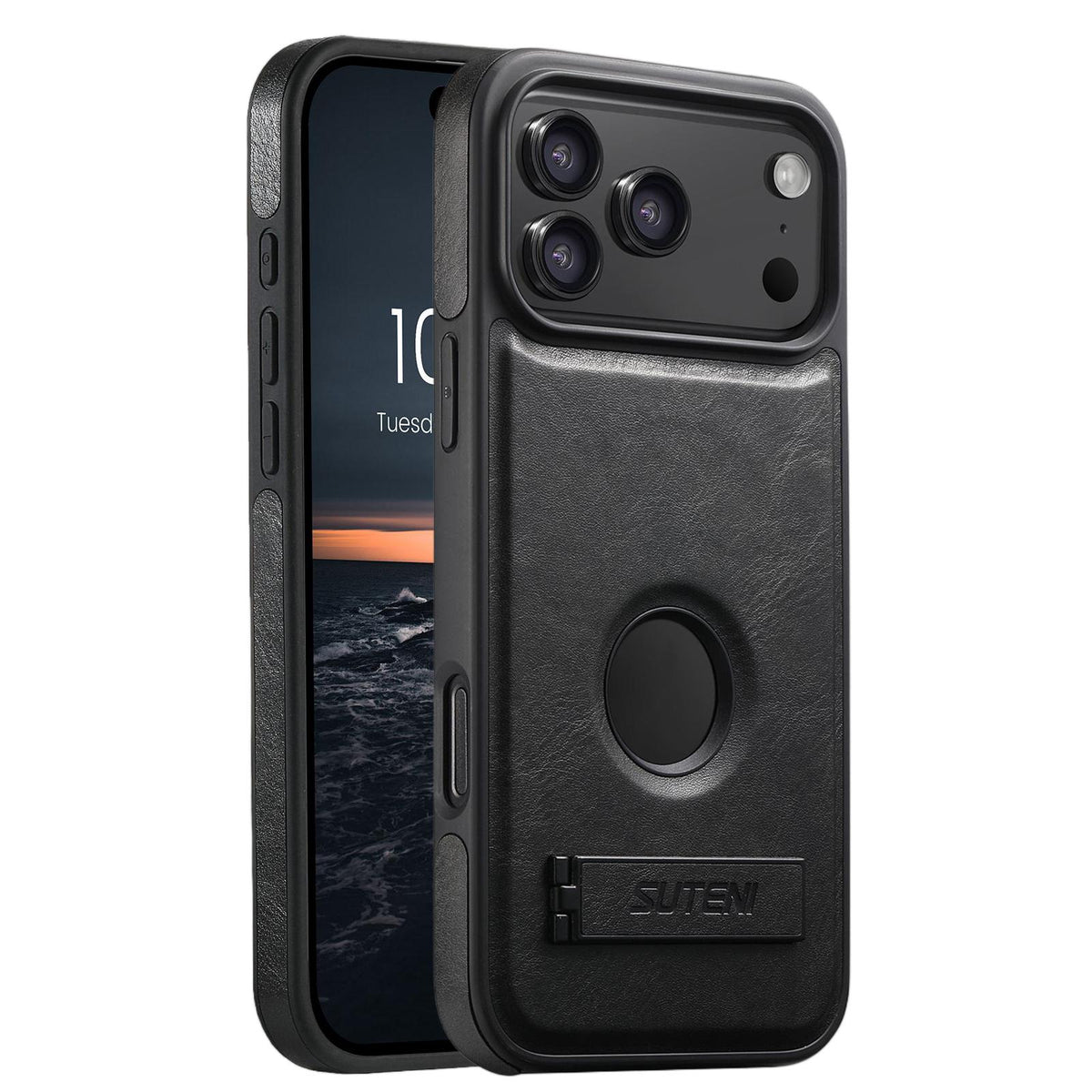 For iPhone 18 Pro Max Suteni G2 Magsafe Oil Wax Leather Back Phone Case with Holder - Black - SYA002550023A