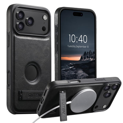 For iPhone 18 Pro Max Suteni G2 Magsafe Oil Wax Leather Back Phone Case with Holder - Black - SYA002550023A