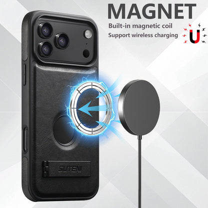 For iPhone 18 Pro Max Suteni G2 Magsafe Oil Wax Leather Back Phone Case with Holder - Black - SYA002550023A