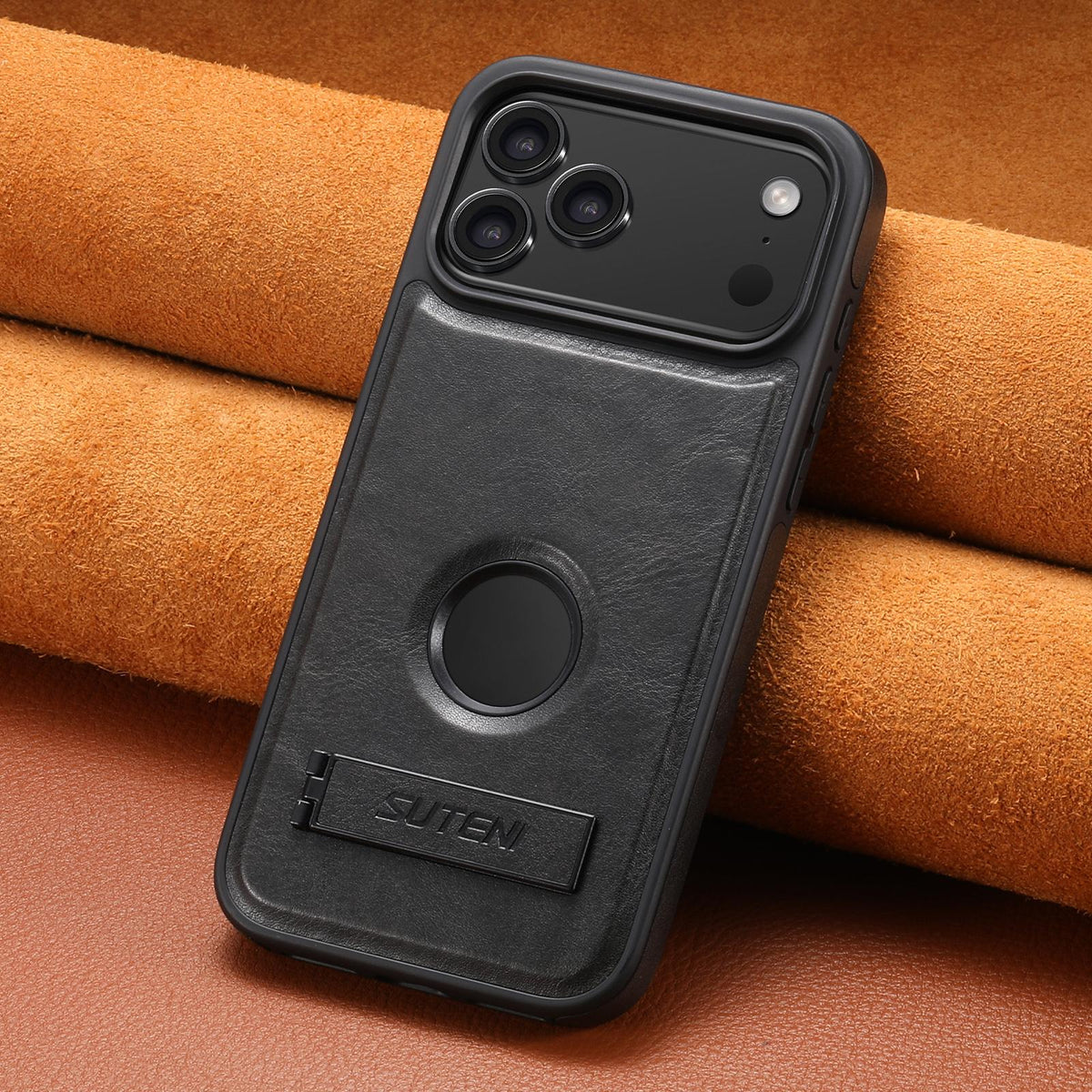 For iPhone 18 Pro Max Suteni G2 Magsafe Oil Wax Leather Back Phone Case with Holder - Black - SYA002550023A