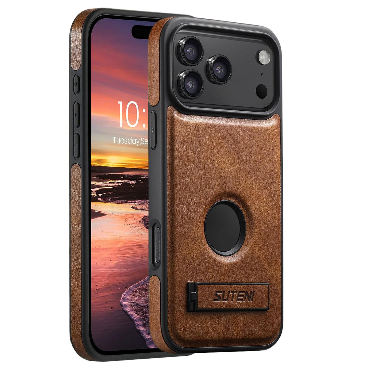 For iPhone 18 Pro Max Suteni G2 Magsafe Oil Wax Leather Back Phone Case with Holder - Brown - SYA002550023B