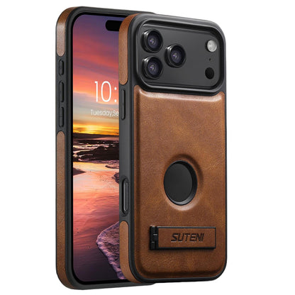 For iPhone 18 Pro Max Suteni G2 Magsafe Oil Wax Leather Back Phone Case with Holder - Brown - SYA002550023B