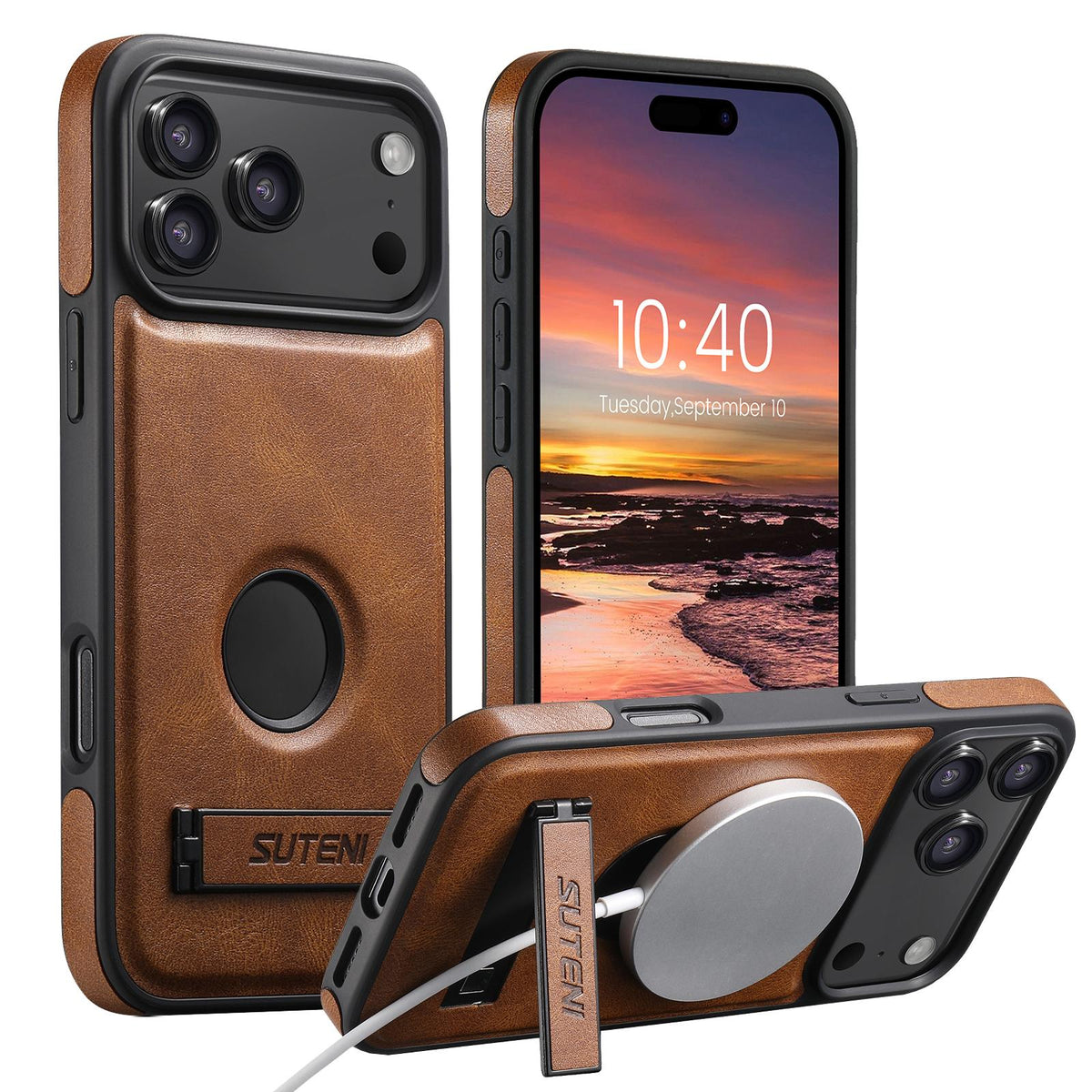 For iPhone 18 Pro Max Suteni G2 Magsafe Oil Wax Leather Back Phone Case with Holder - Brown - SYA002550023B