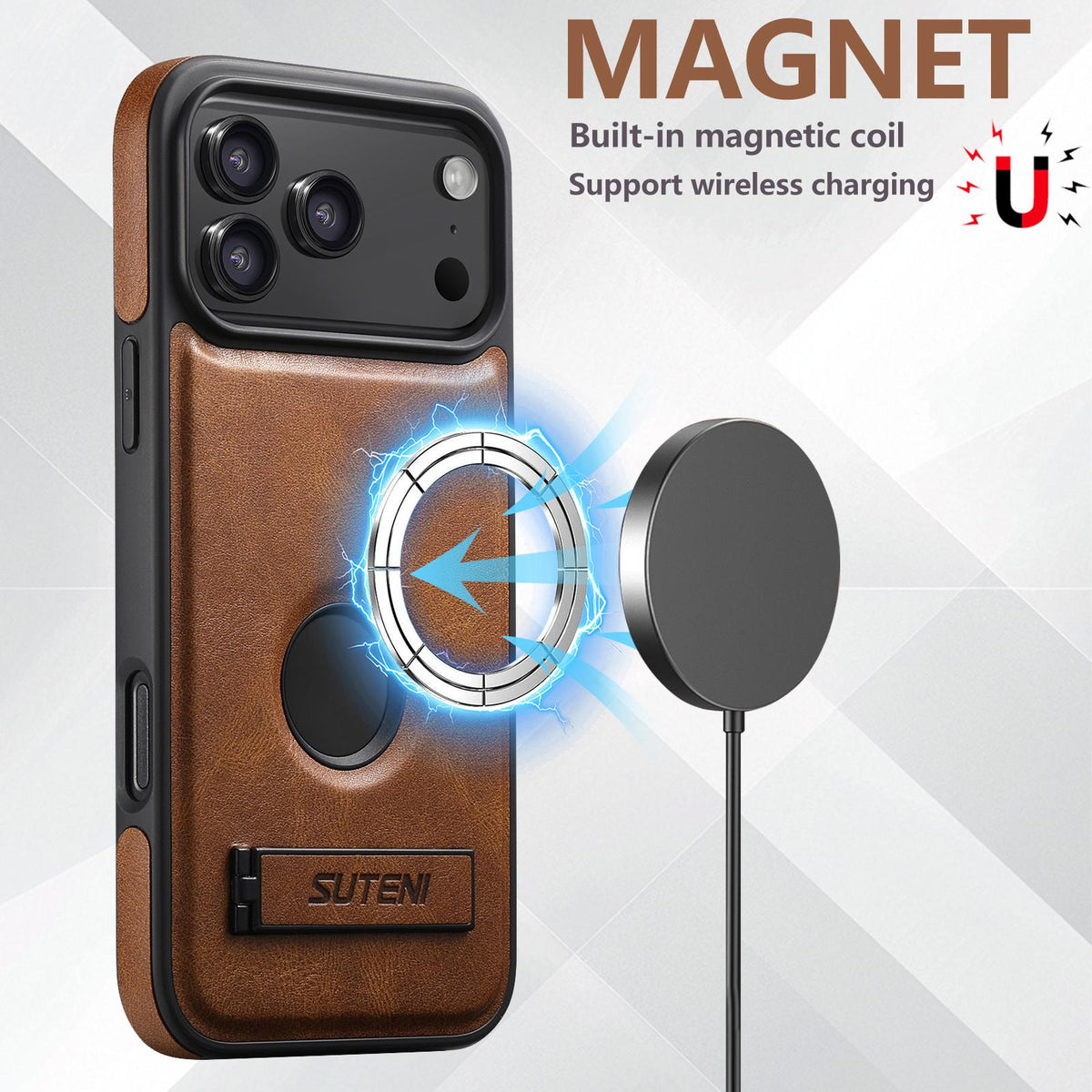 For iPhone 18 Pro Max Suteni G2 Magsafe Oil Wax Leather Back Phone Case with Holder - Brown - SYA002550023B