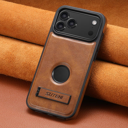 For iPhone 18 Pro Max Suteni G2 Magsafe Oil Wax Leather Back Phone Case with Holder - Brown - SYA002550023B