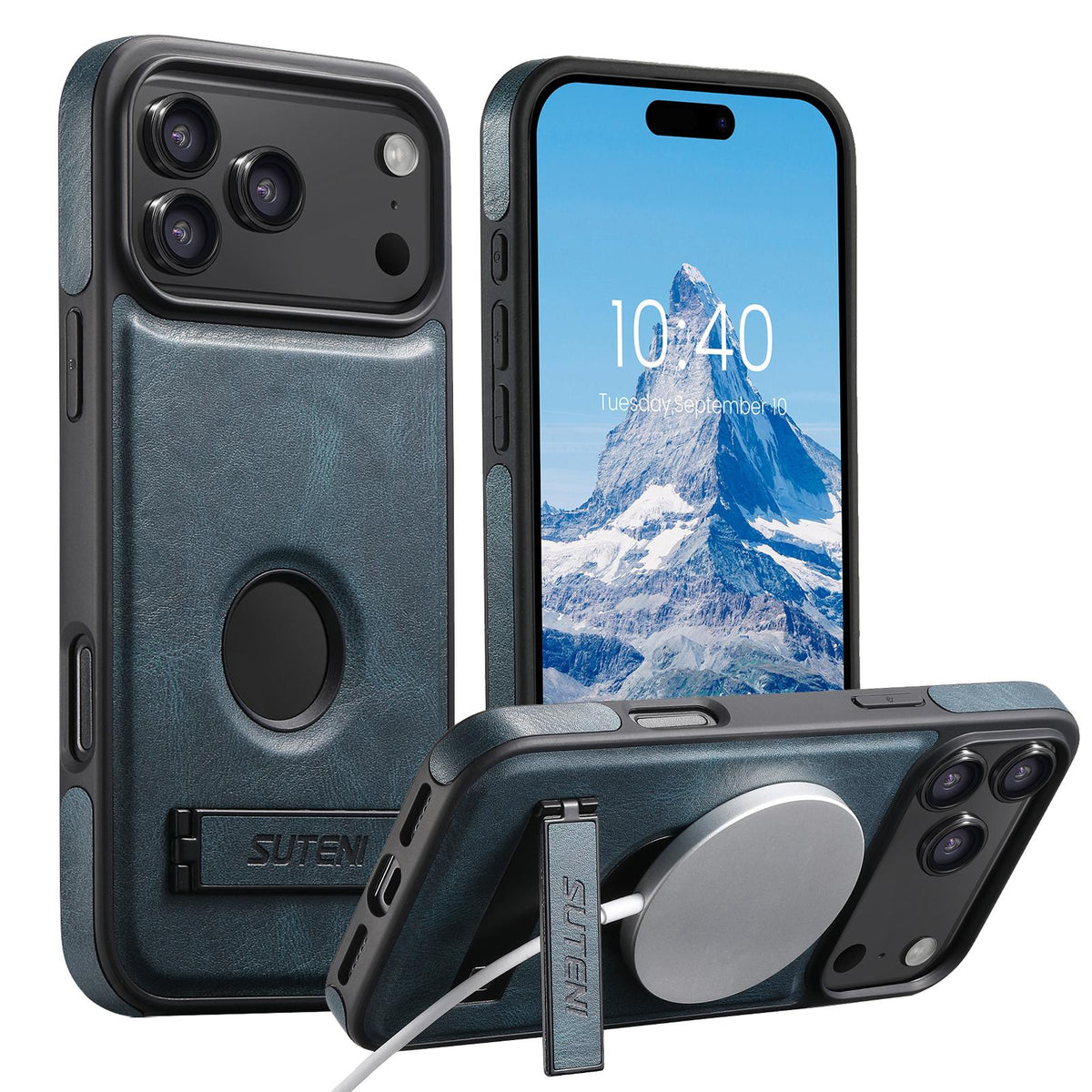 For iPhone 18 Pro Max Suteni G2 Magsafe Oil Wax Leather Back Phone Case with Holder - Blue - SYA002550023C