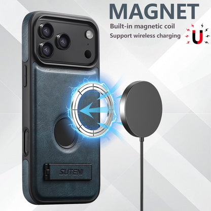 For iPhone 18 Pro Max Suteni G2 Magsafe Oil Wax Leather Back Phone Case with Holder - Blue - SYA002550023C