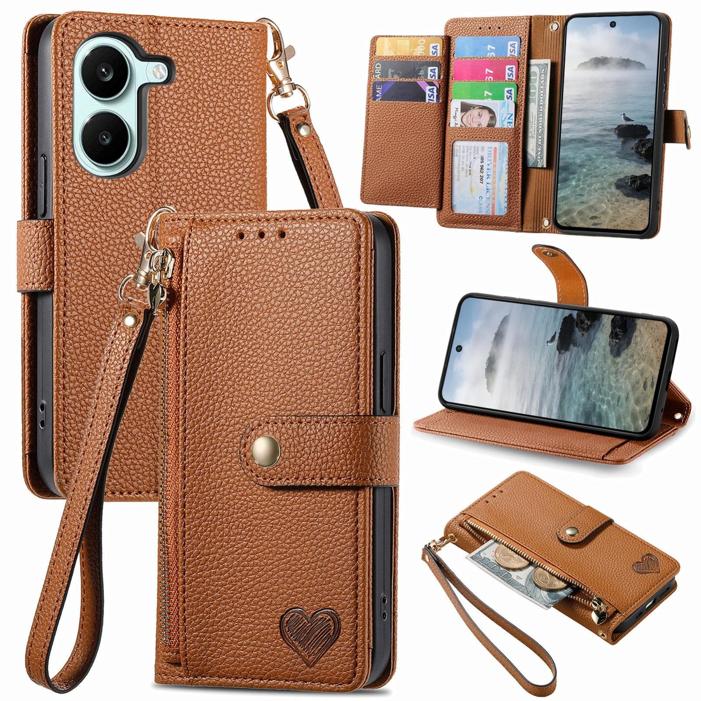 For Honor Play 80 Plus 5G Love Zipper Lanyard Leather Phone Case(Brown)