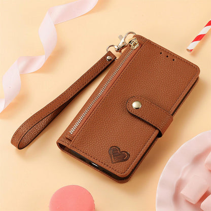 For Honor Play 80 Plus 5G Love Zipper Lanyard Leather Phone Case(Brown)