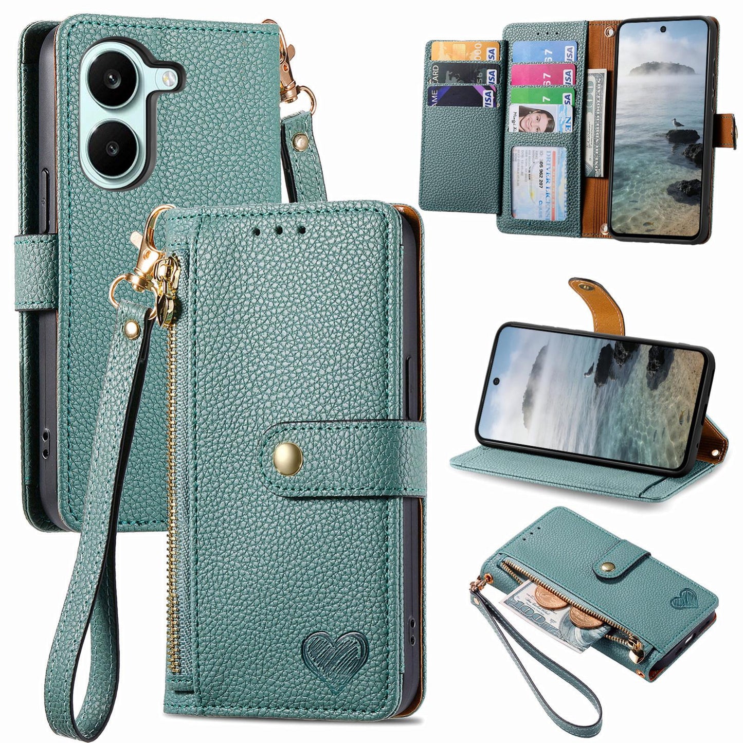 For Honor Play 80 Plus 5G Love Zipper Lanyard Leather Phone Case(Green)