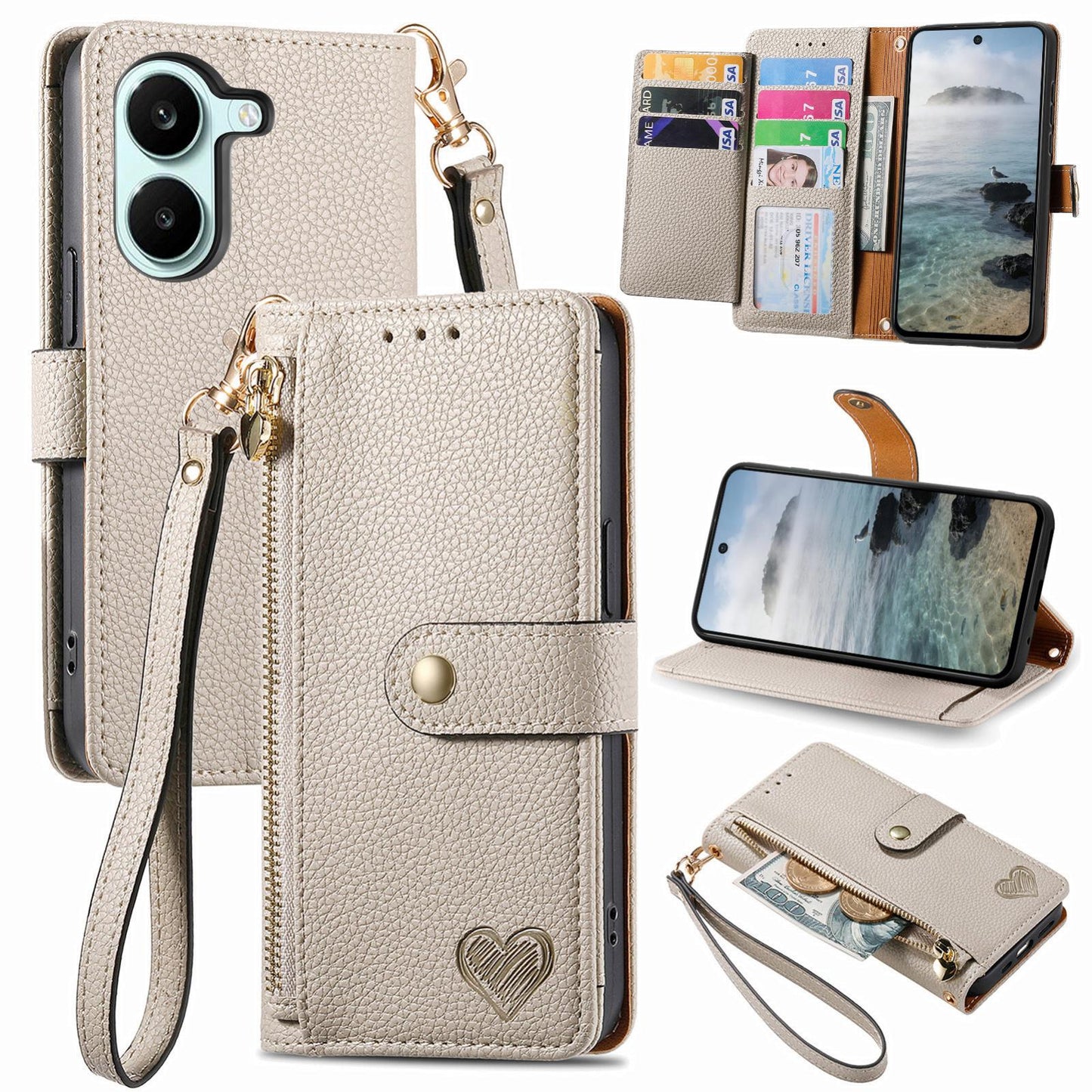 For Honor Play 80 Plus 5G Love Zipper Lanyard Leather Phone Case(Gray)