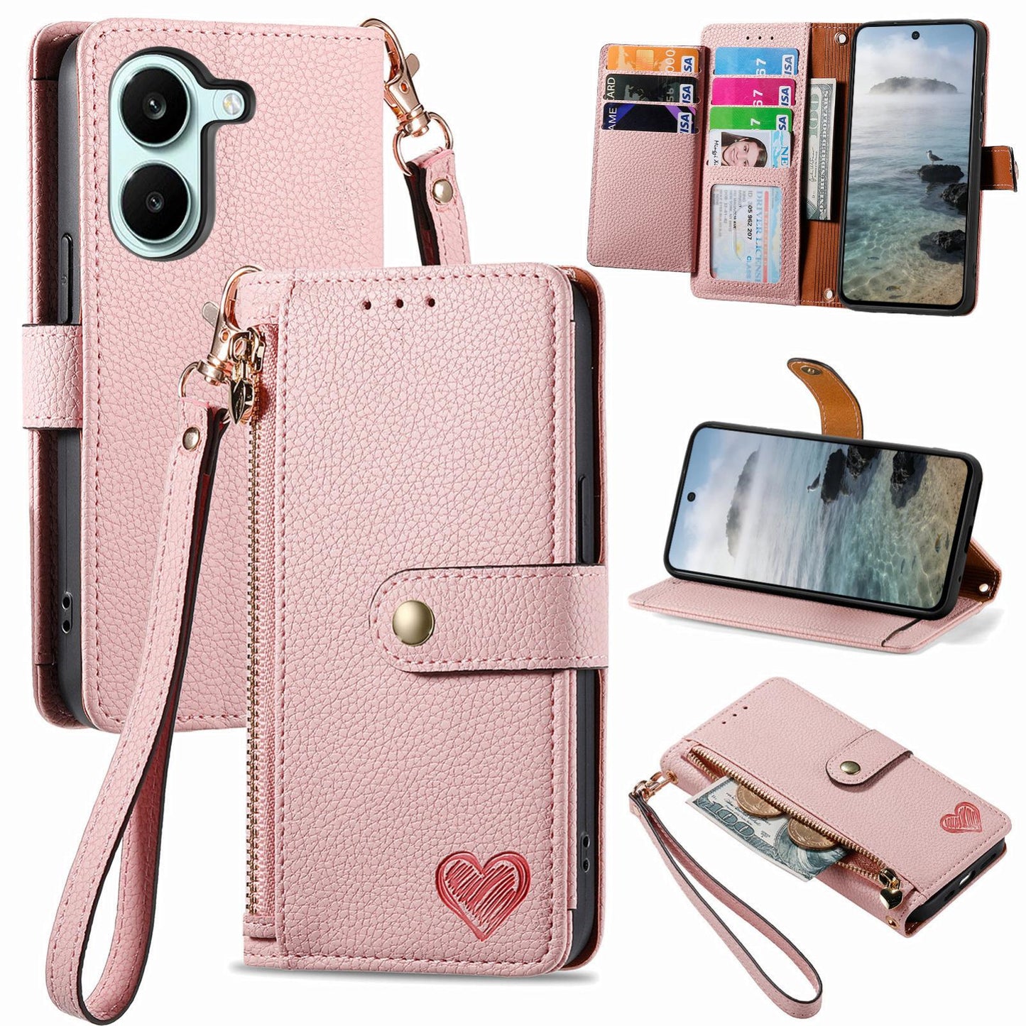 For Honor Play 80 Plus 5G Love Zipper Lanyard Leather Phone Case(Pink)