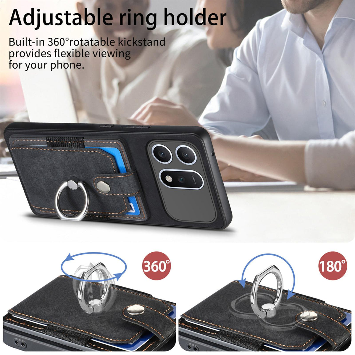 For Honor Win Turbo 5G Retro Skin-feel Ring Card Wallet Phone Case - Black - SYA002562811A