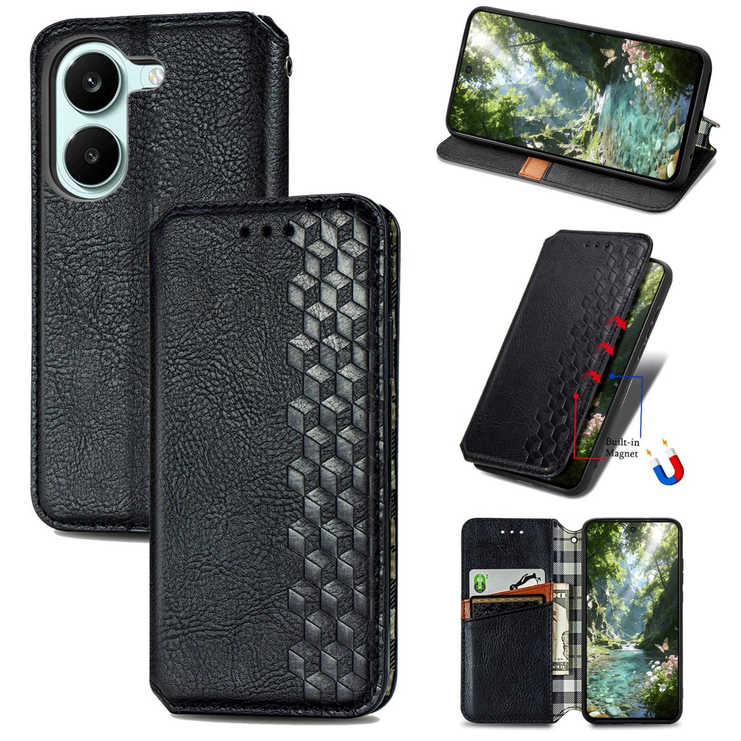 For Honor Play 80 Plus 5G Cubic Grid Pressed Magnetic Leather Phone Case(Black)