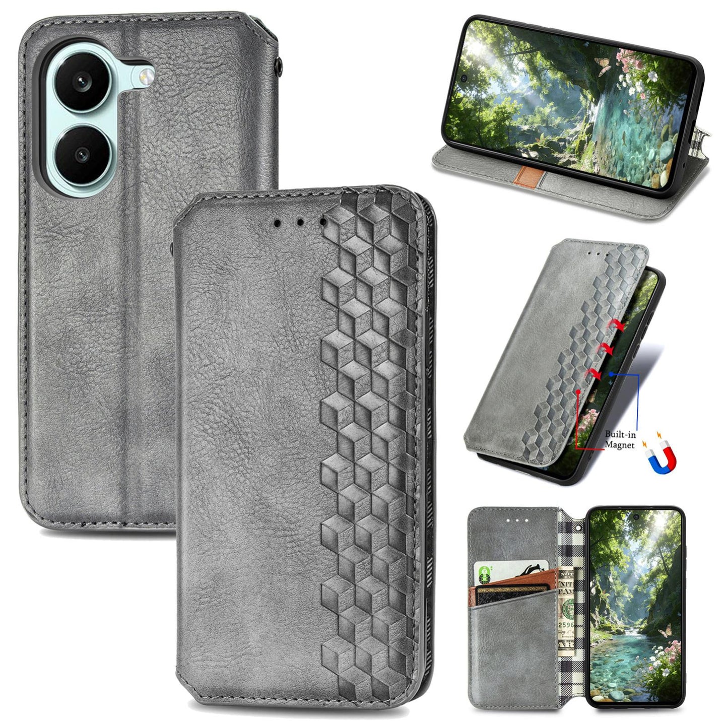 For Honor Play 80 Plus 5G Cubic Grid Pressed Magnetic Leather Phone Case(Gray)