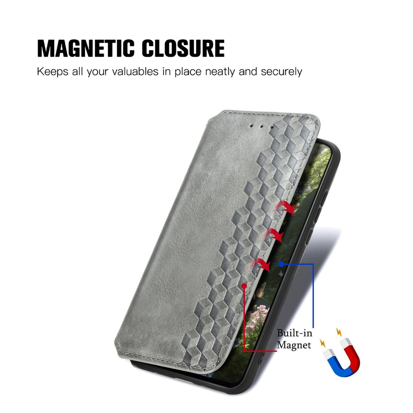 For Honor Play 80 Plus 5G Cubic Grid Pressed Magnetic Leather Phone Case(Gray)
