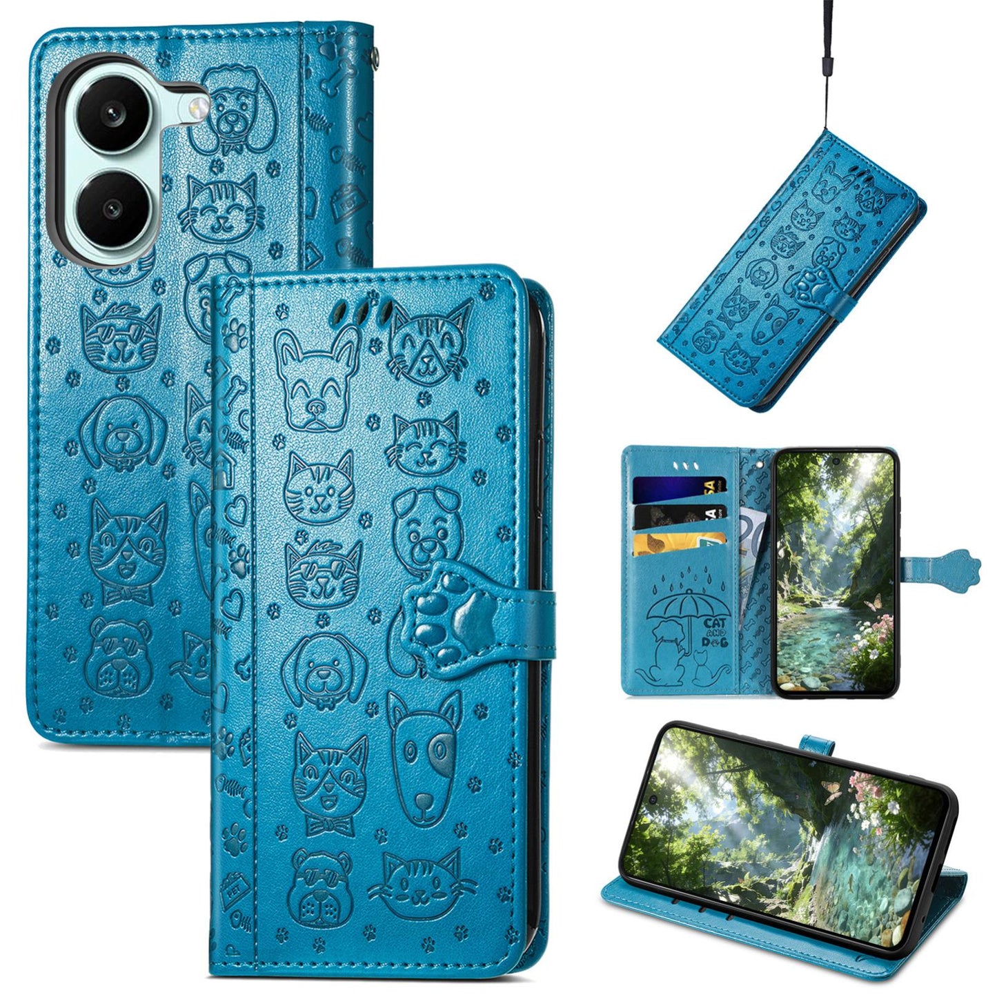 For Honor Play 80 Plus 5G Cat and Dog Embossed Leather Phone Case(Blue)