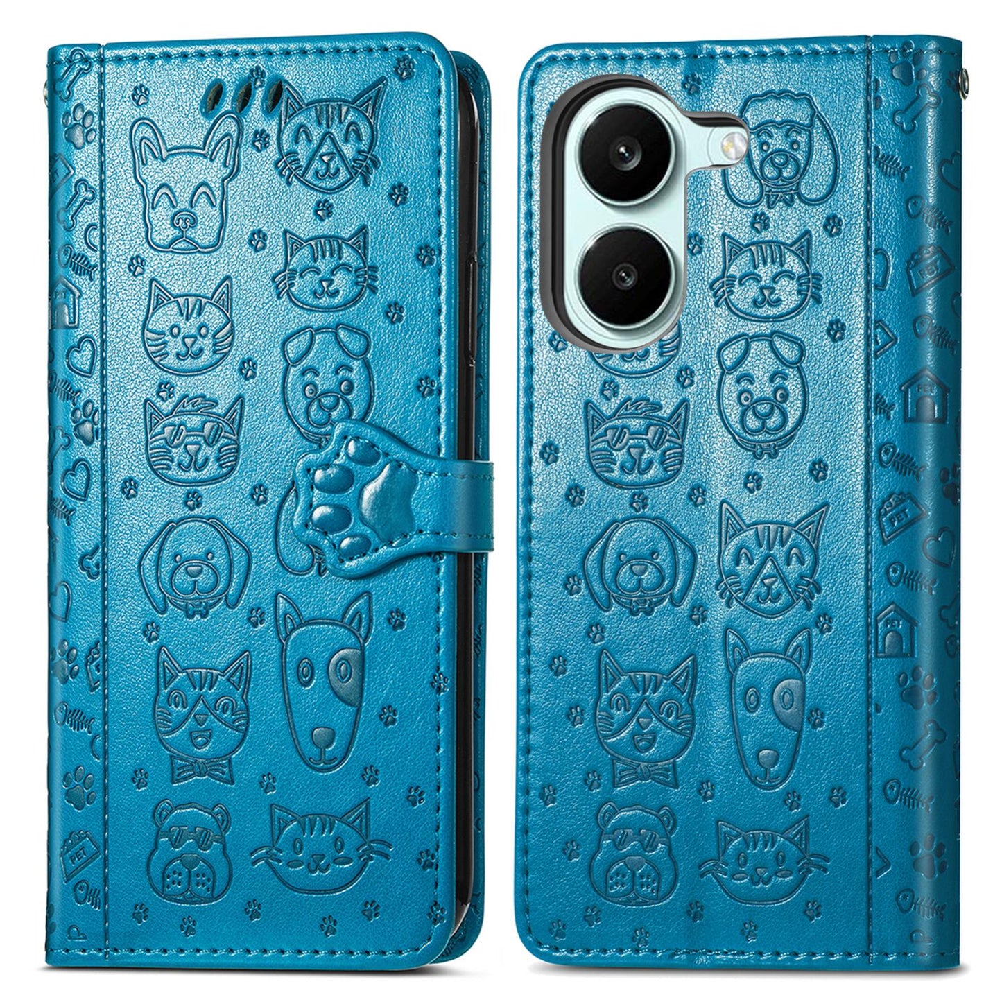 For Honor Play 80 Plus 5G Cat and Dog Embossed Leather Phone Case(Blue)