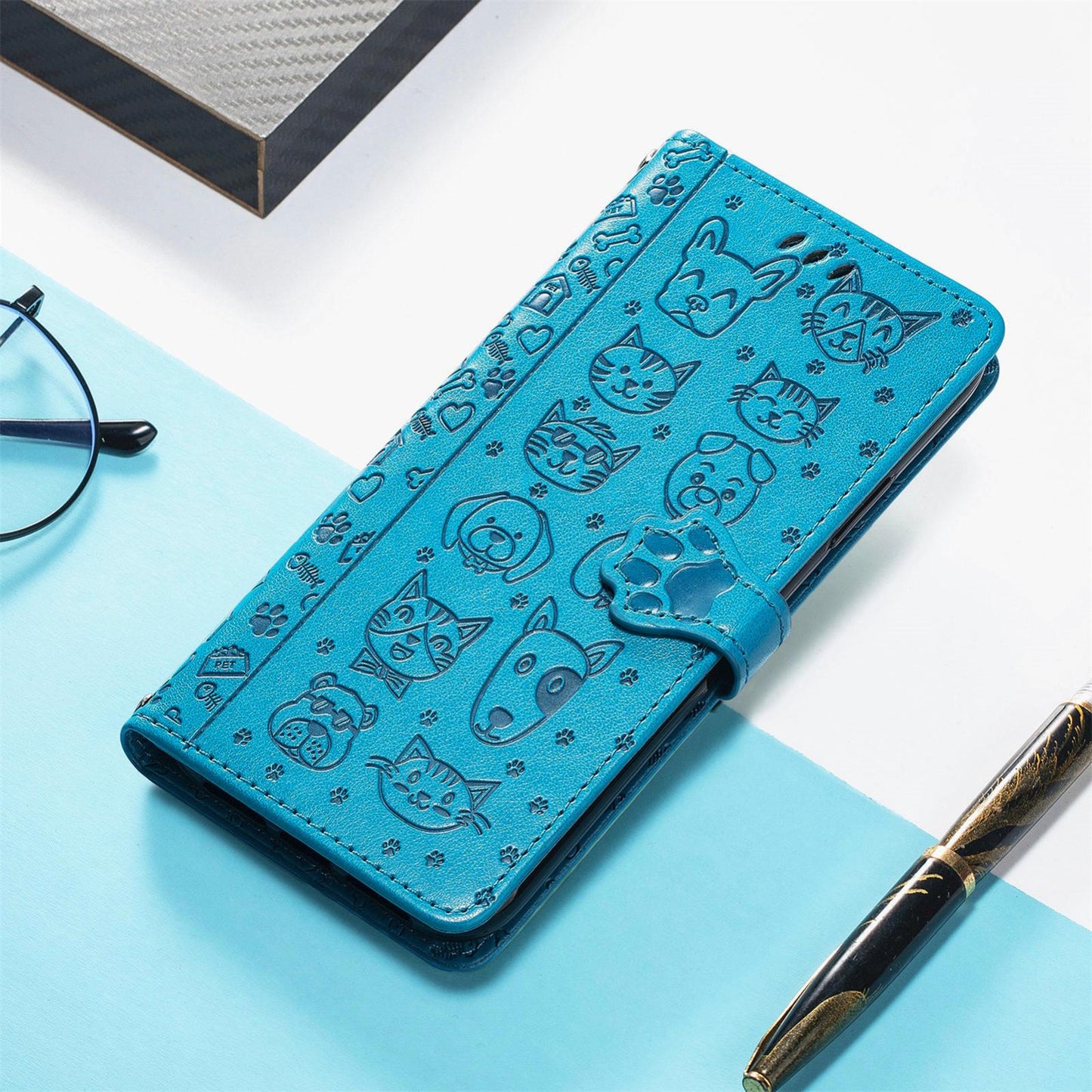 For Honor Play 80 Plus 5G Cat and Dog Embossed Leather Phone Case(Blue)