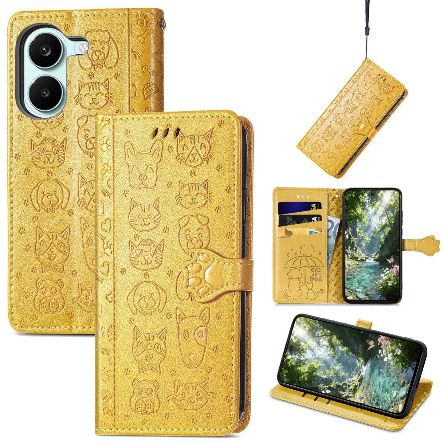 For Honor Play 80 Plus 5G Cat and Dog Embossed Leather Phone Case(Yellow)