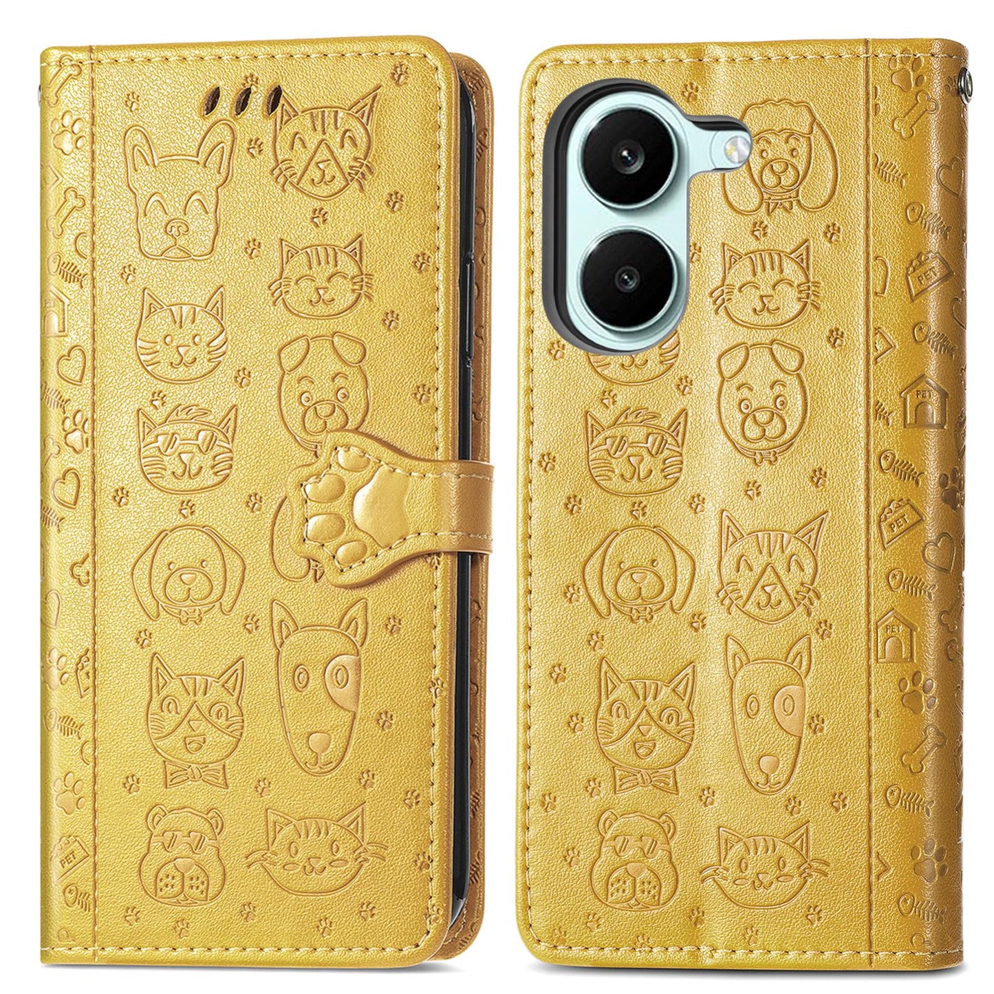 For Honor Play 80 Plus 5G Cat and Dog Embossed Leather Phone Case(Yellow)