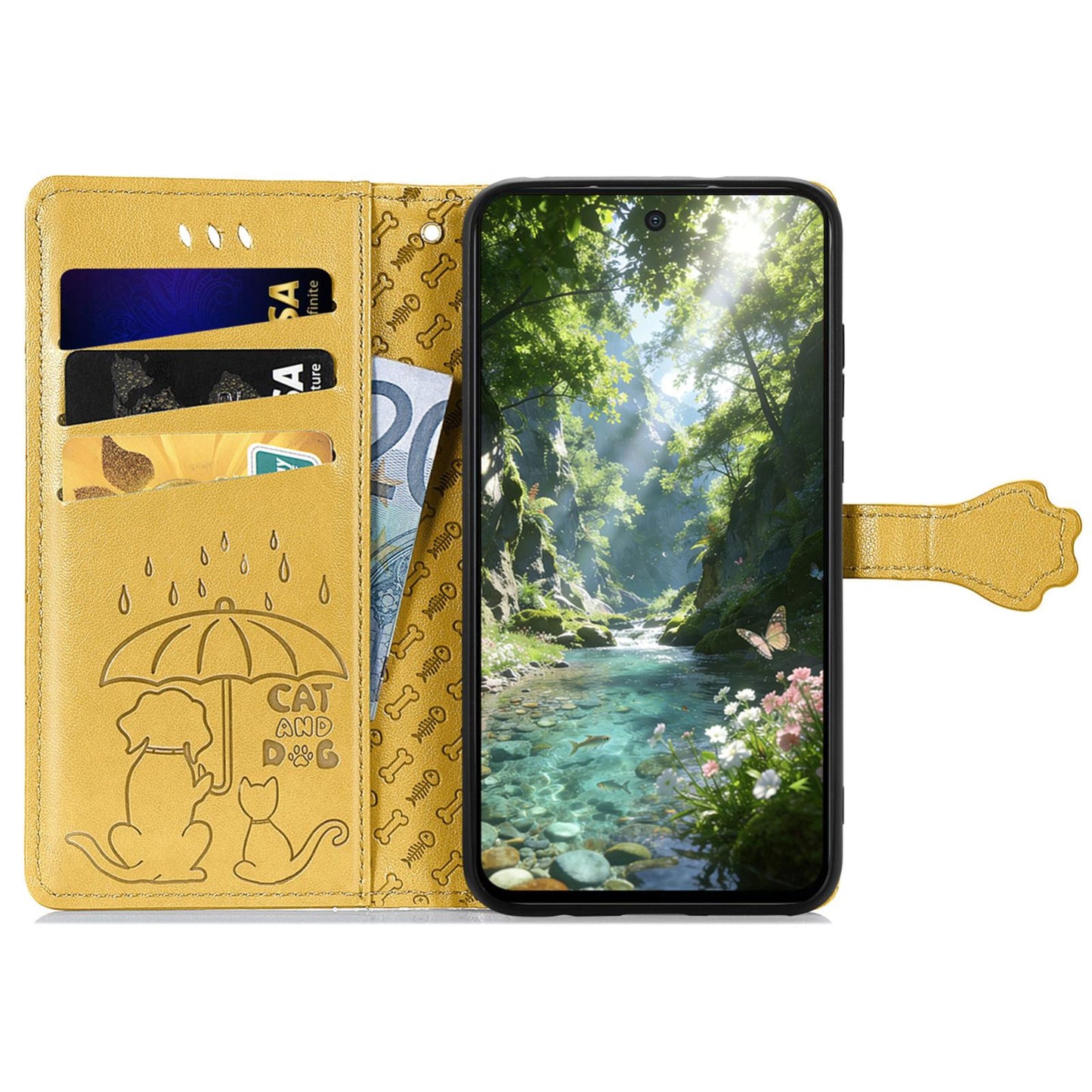 For Honor Play 80 Plus 5G Cat and Dog Embossed Leather Phone Case(Yellow)