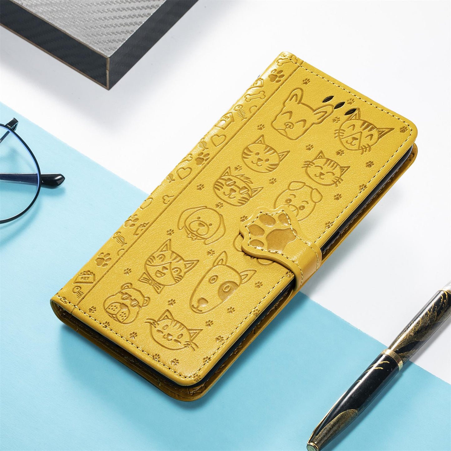 For Honor Play 80 Plus 5G Cat and Dog Embossed Leather Phone Case(Yellow)