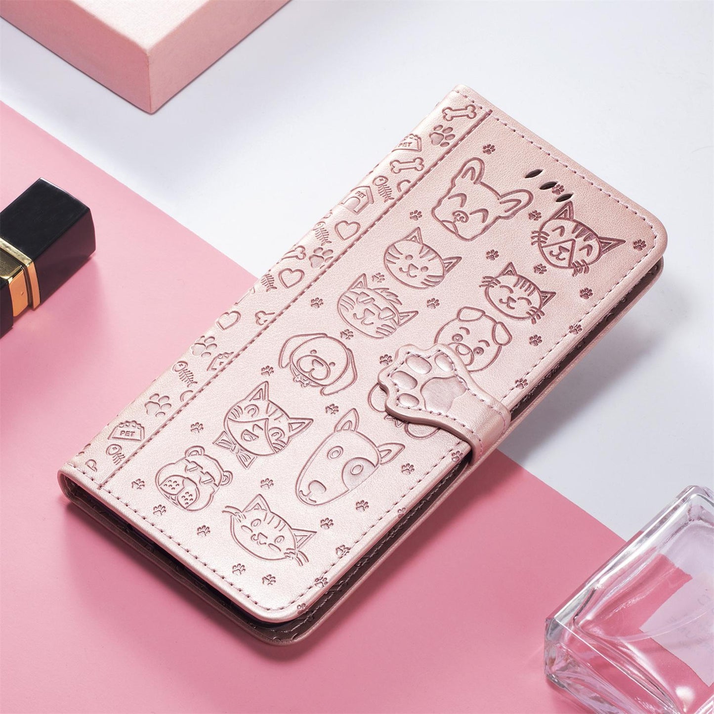For Honor Play 80 Plus 5G Cat and Dog Embossed Leather Phone Case(Rose Gold)