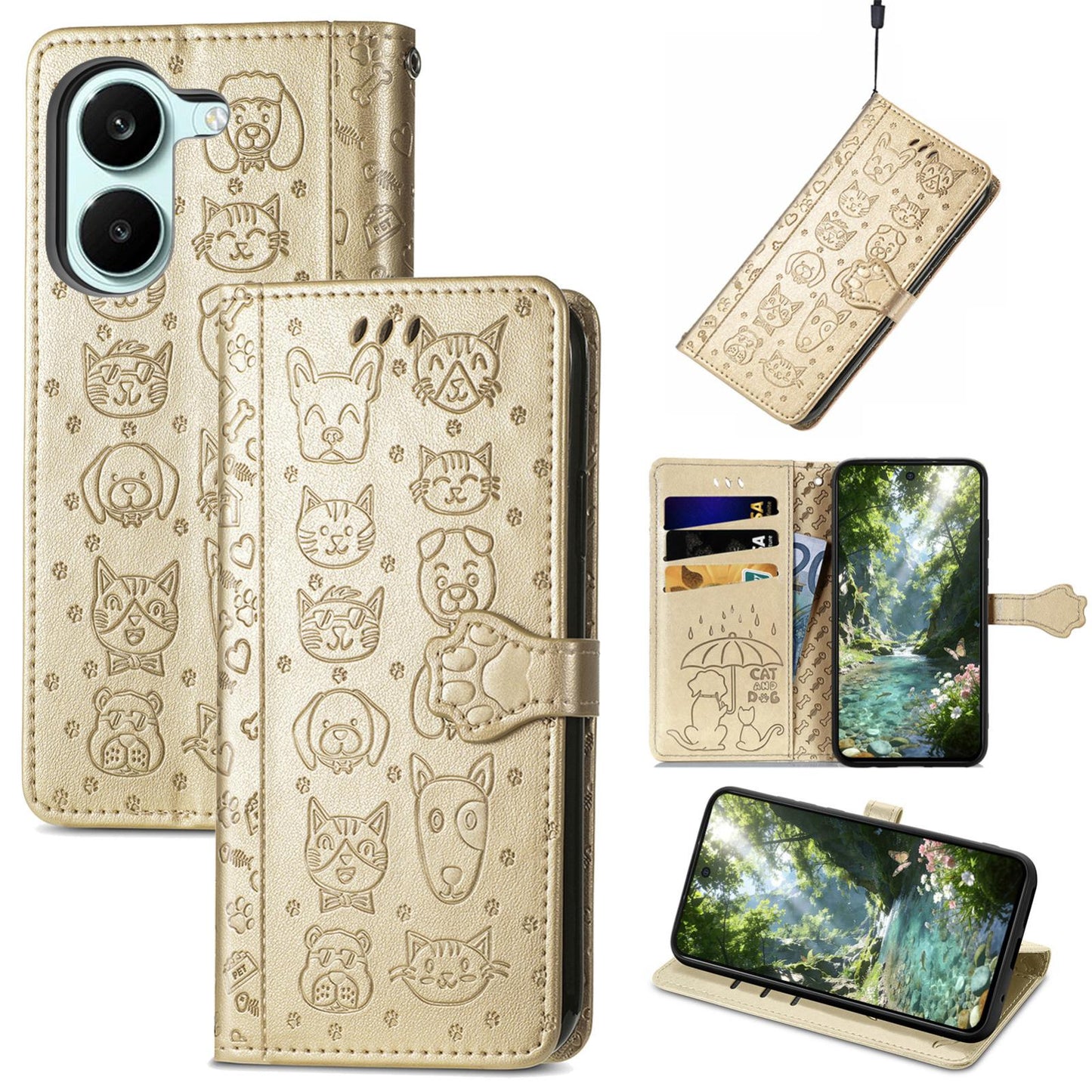 For Honor Play 80 Plus 5G Cat and Dog Embossed Leather Phone Case(Gold)
