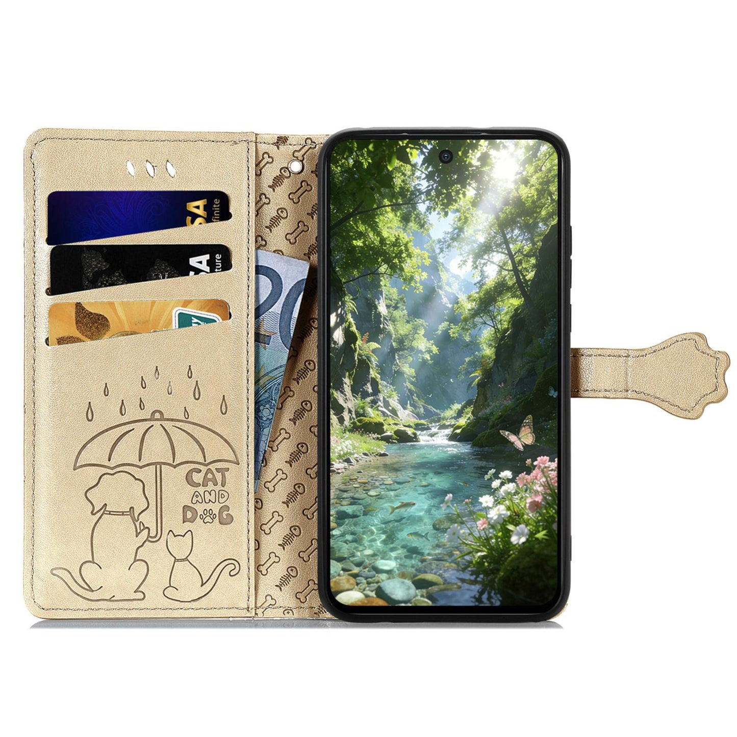 For Honor Play 80 Plus 5G Cat and Dog Embossed Leather Phone Case(Gold)