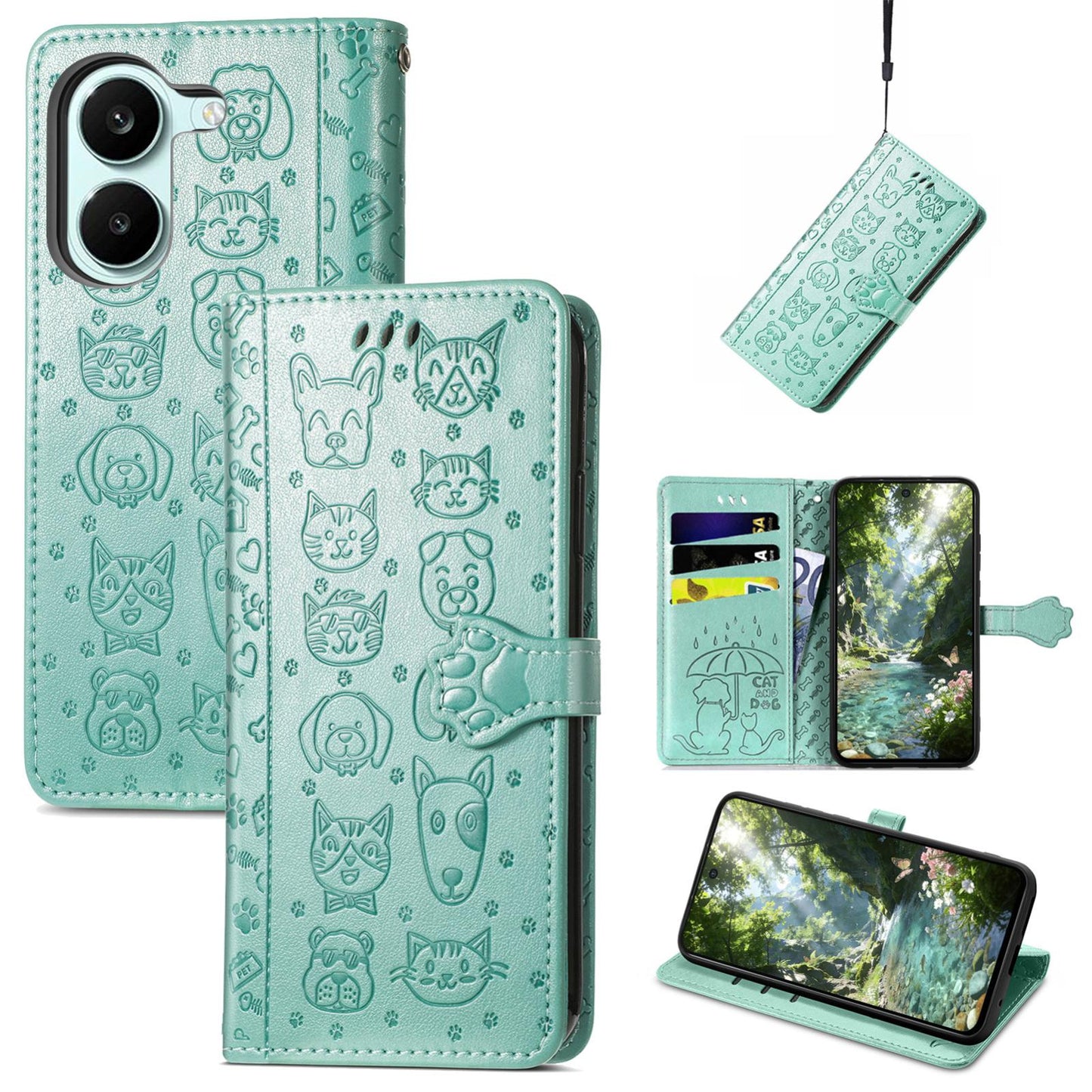 For Honor Play 80 Plus 5G Cat and Dog Embossed Leather Phone Case(Green)
