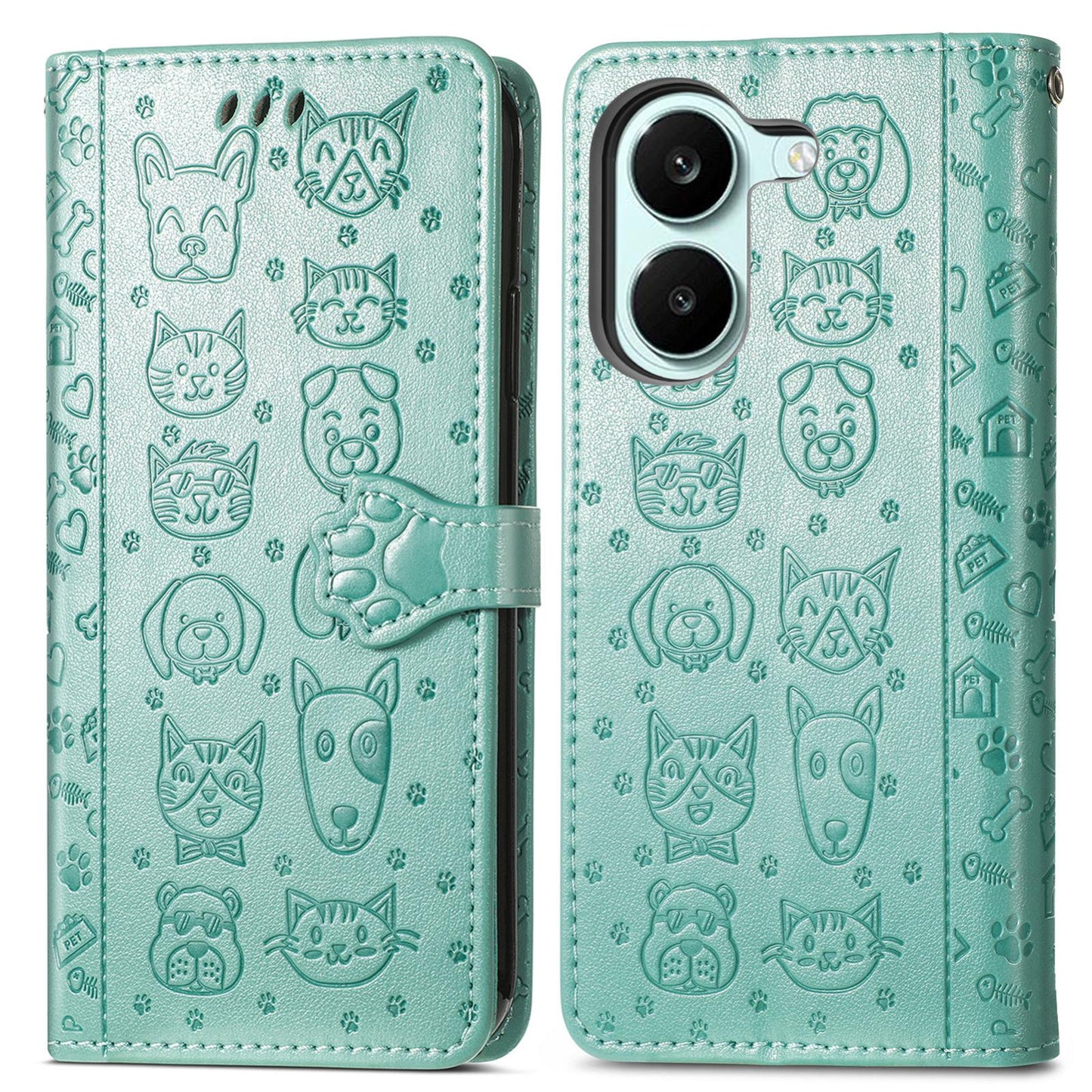 For Honor Play 80 Plus 5G Cat and Dog Embossed Leather Phone Case(Green)