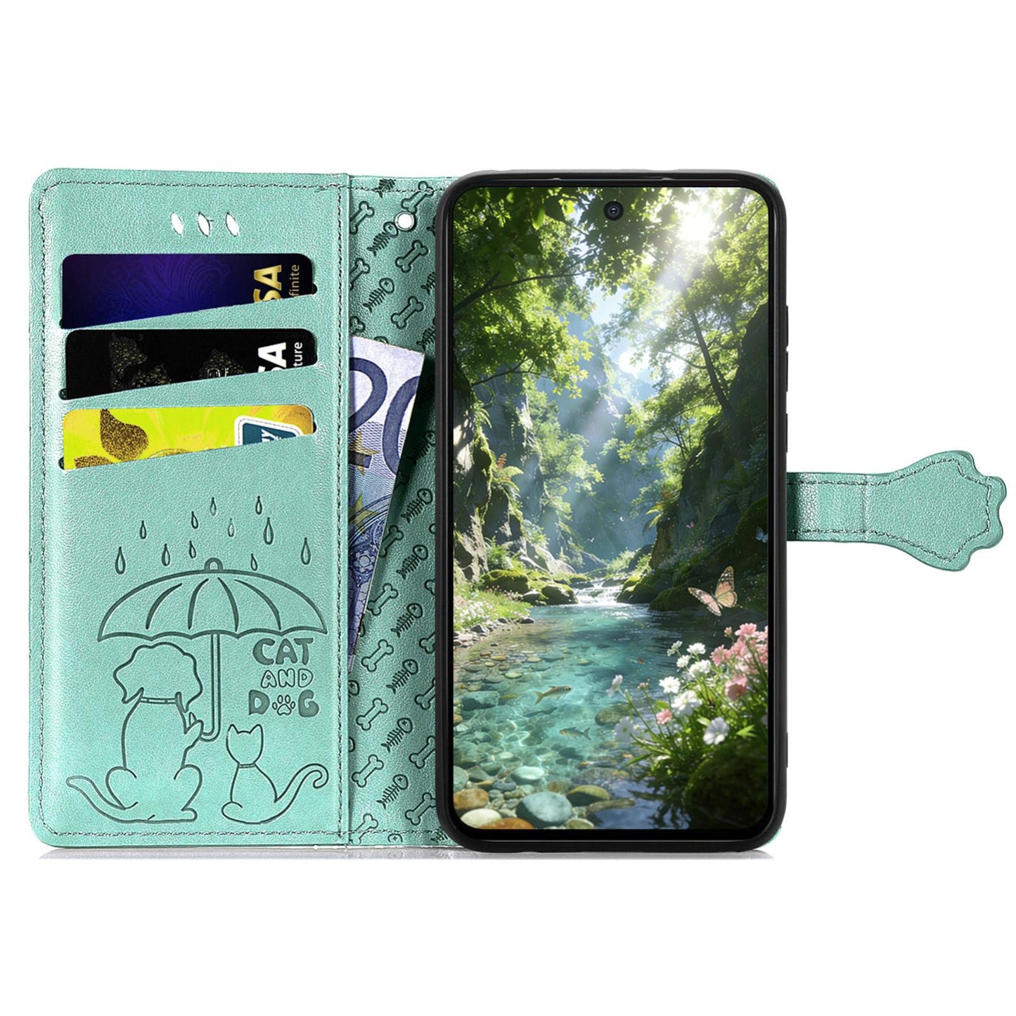 For Honor Play 80 Plus 5G Cat and Dog Embossed Leather Phone Case(Green)