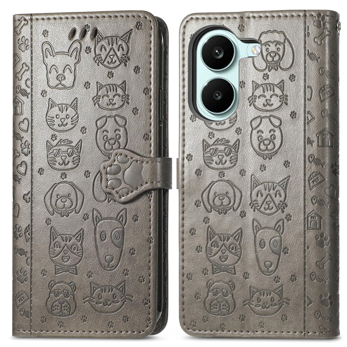 For Honor Play 80 Plus 5G Cat and Dog Embossed Leather Phone Case(Gray)